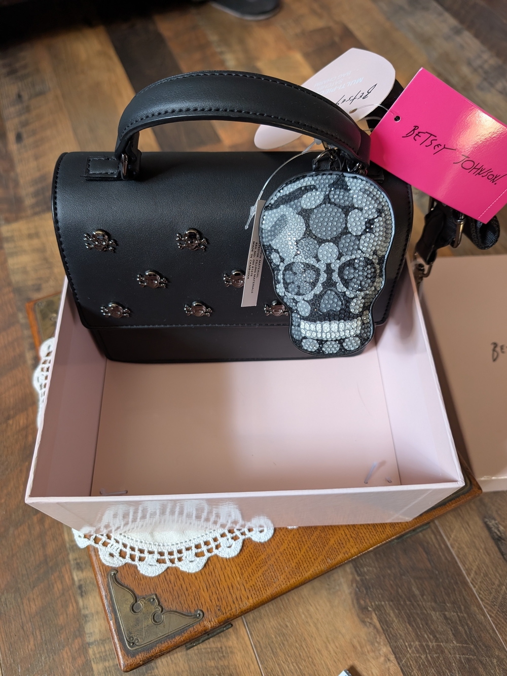 Betsey Johnson Black Skull Charm Top-Handle Crossbody Bag